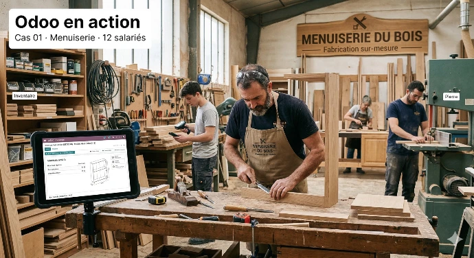 Atelier de menuiserie artisanale utilisant Odoo pour la gestion de fabrication et des stocks.