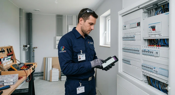 Technicien BTP saisissant un rapport d'intervention sur smartphone avec l'application mobile Odoo.