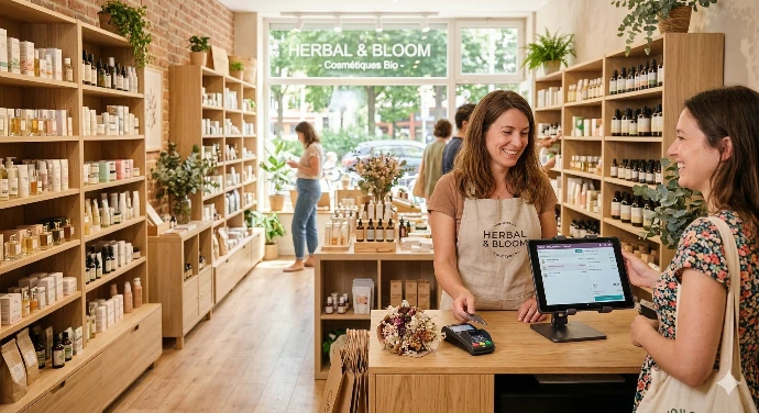 Logiciel de caisse Odoo synchronisé avec site e-commerce dans une boutique de cosmétiques bio.